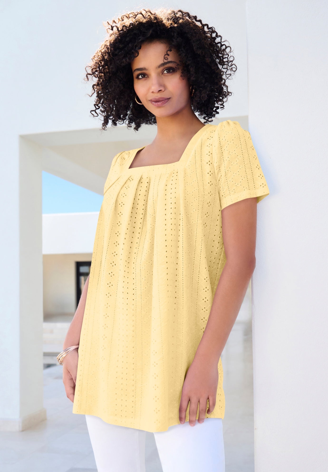 Plus Size Square Neck Eyelet Tunic image number 0