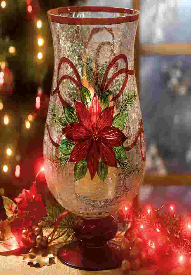 Holiday Hand-Painted Poinsettia Hurricane image number 0