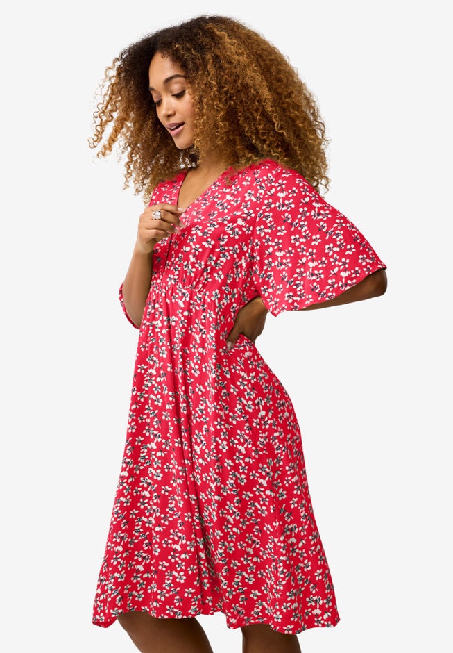 V-Neck Empire Dress with Button Trim image number 2