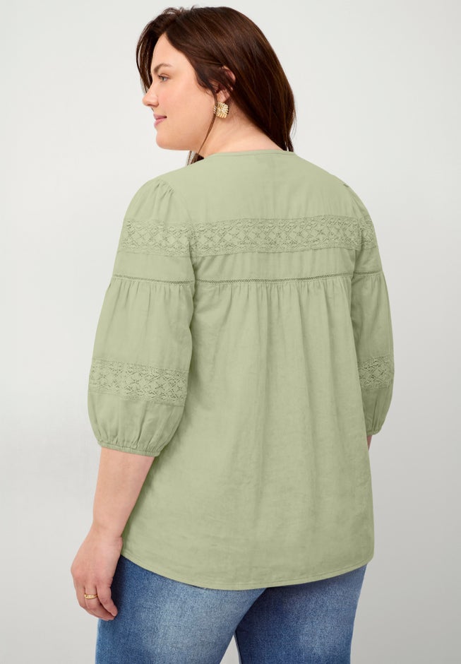 Keyhole Neck Blouse with Crochet Trim image number 1