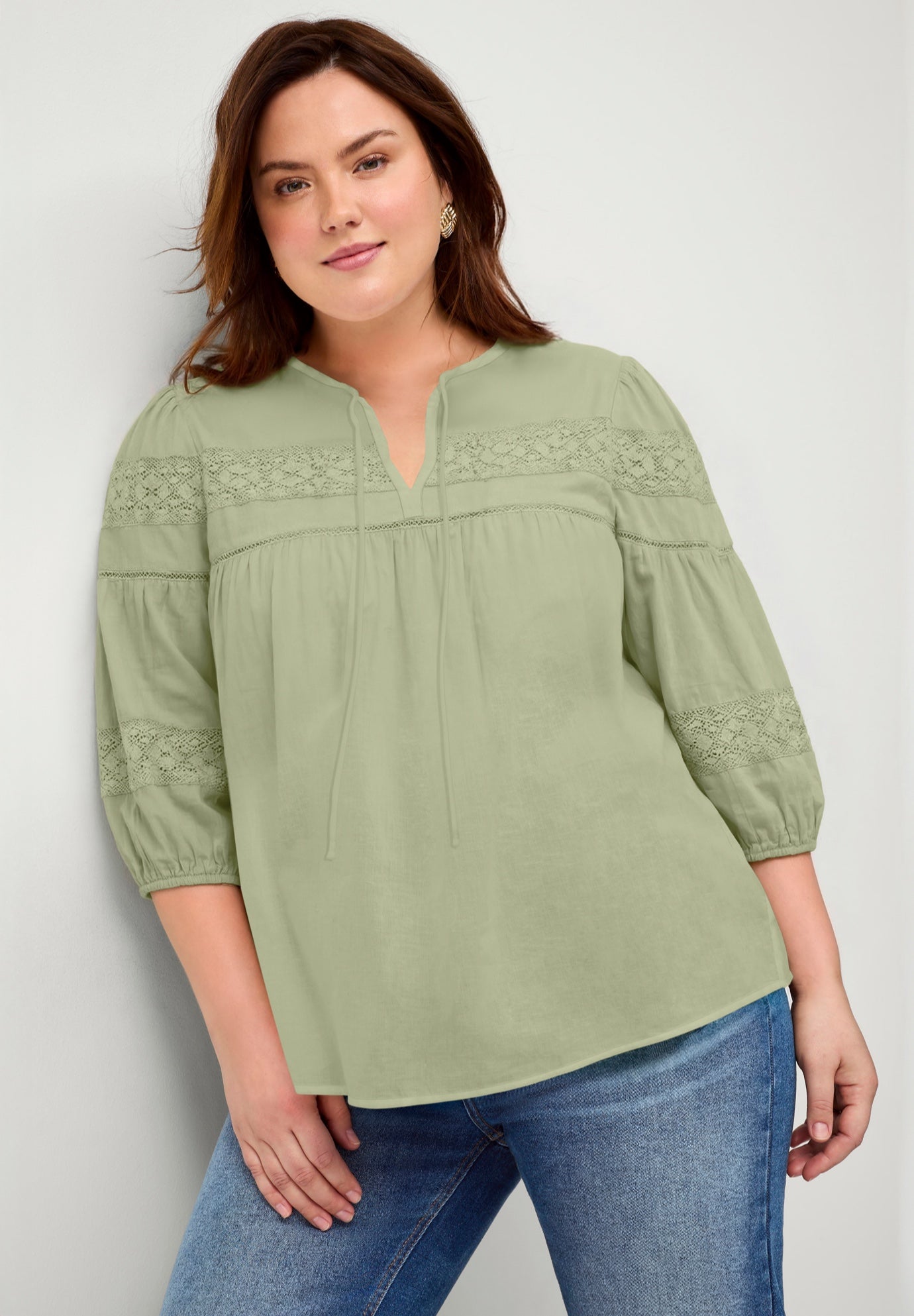 Keyhole Neck Blouse with Crochet Trim image number 0