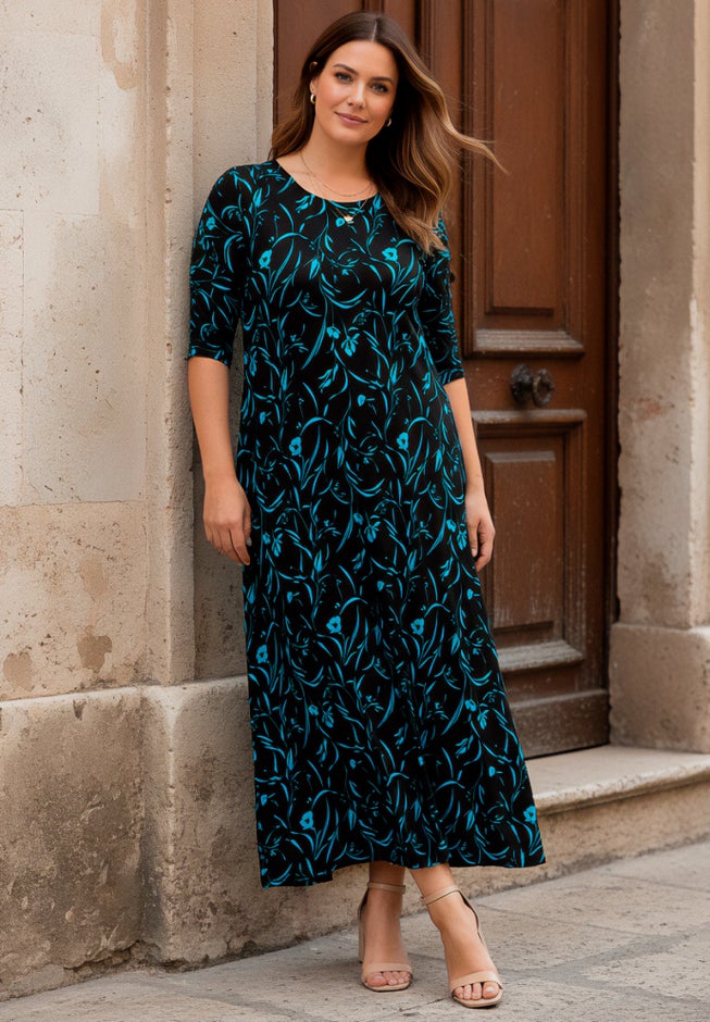 Plus Size Stretch Knit High Low Short Sleeve Maxi Dress image number 1