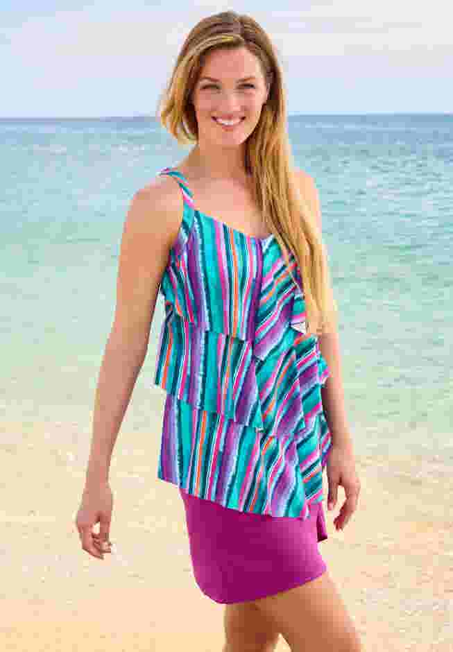 Longer-Length Tiered-Ruffle Tankini Top image number 2