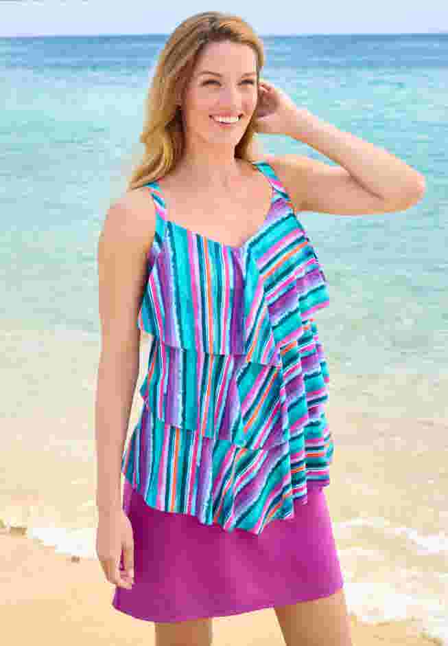Longer-Length Tiered-Ruffle Tankini Top image number 0