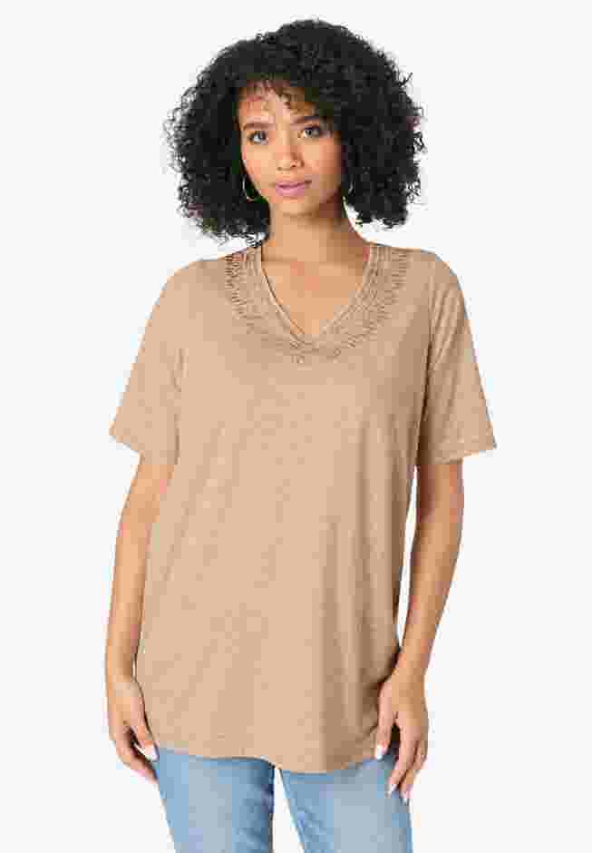 Embroidered Linen Blend Tee image number 0