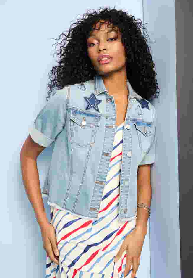 Embellished Short-Sleeve Stretch Denim Jacket image number 0