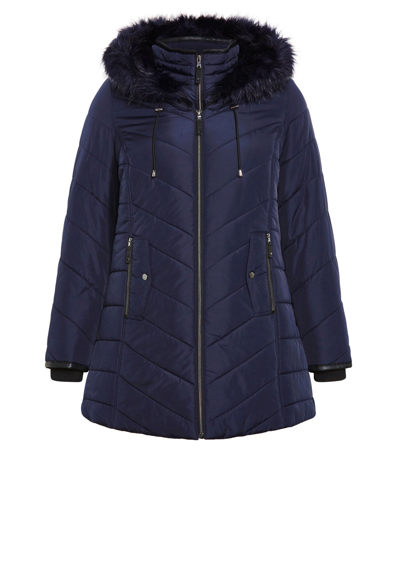 Chevron Faux Fur Hood Long Puffer Coat image number 4