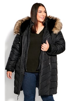 Chevron Faux Fur Hood Long Puffer Coat