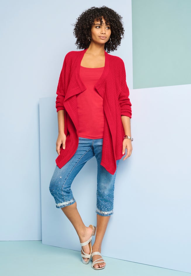 Handkerchief Hem Pointelle Cardigan Sweater image number 0