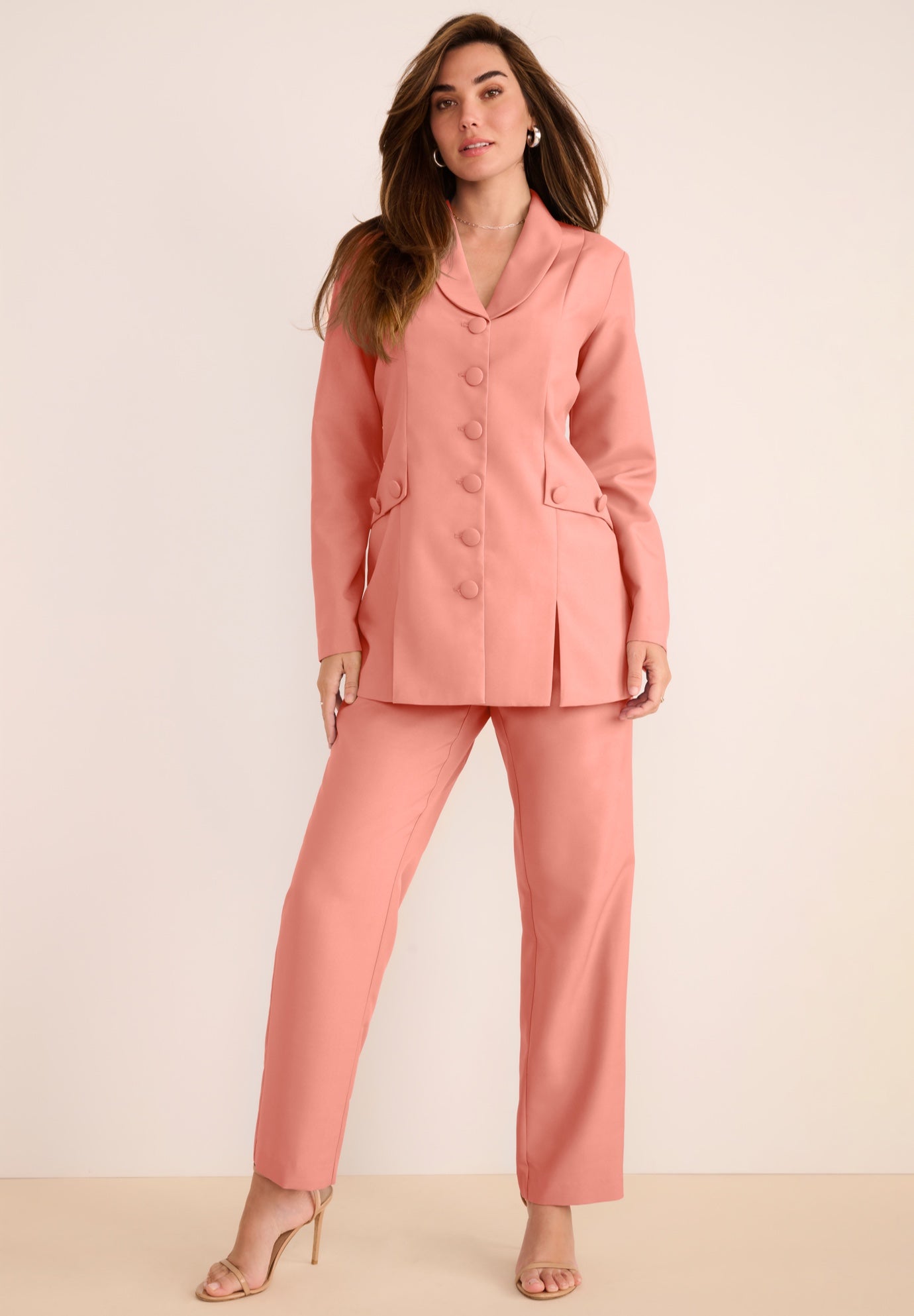 Plus Size Long Sleeve Ten-Button Shawl-Collar Pant Suit &ndash; 2-Piece Pant Set image number 0
