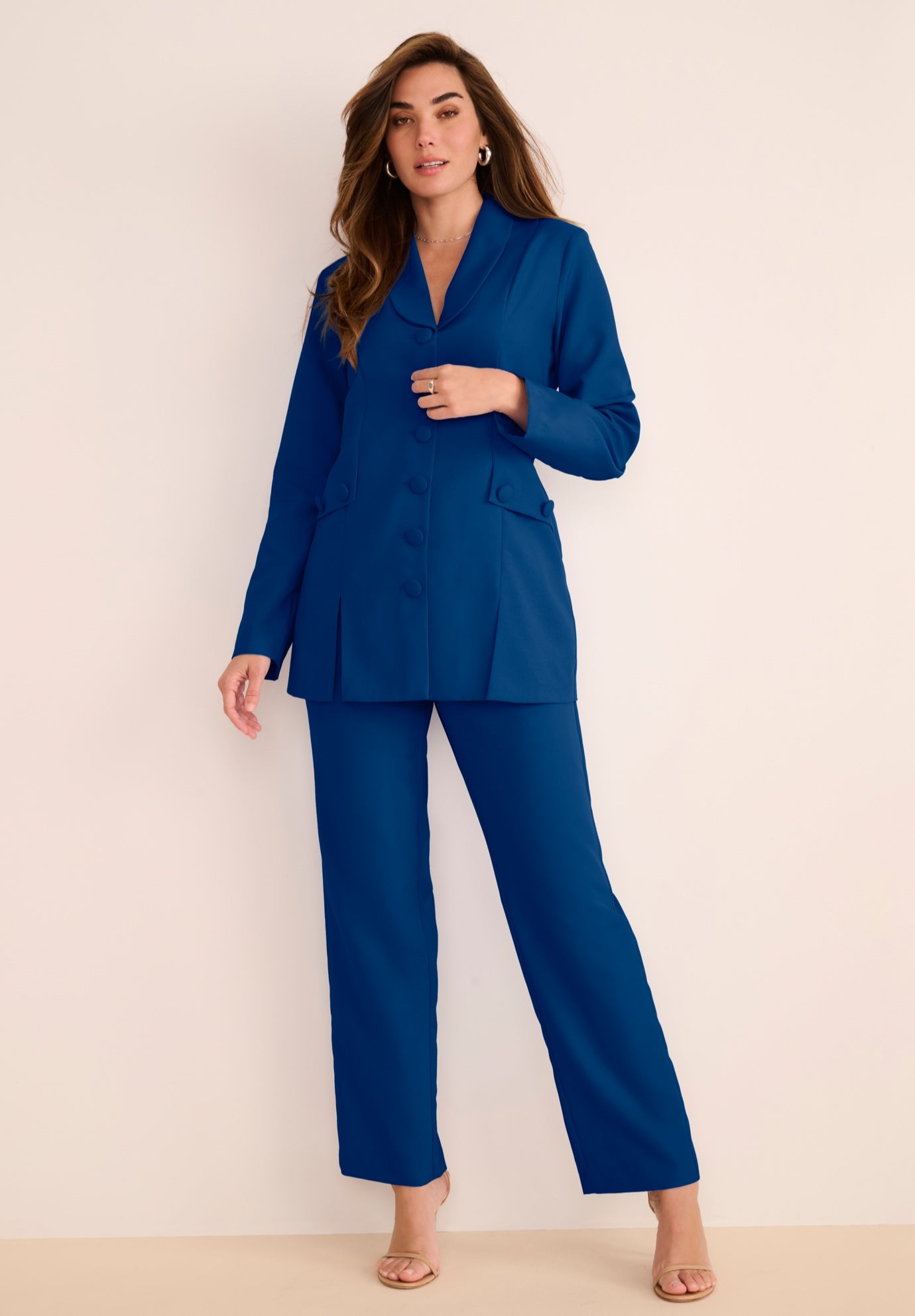 Plus Size Long Sleeve Ten-Button Shawl-Collar Pant Suit &ndash; 2-Piece Pant Set image number 0
