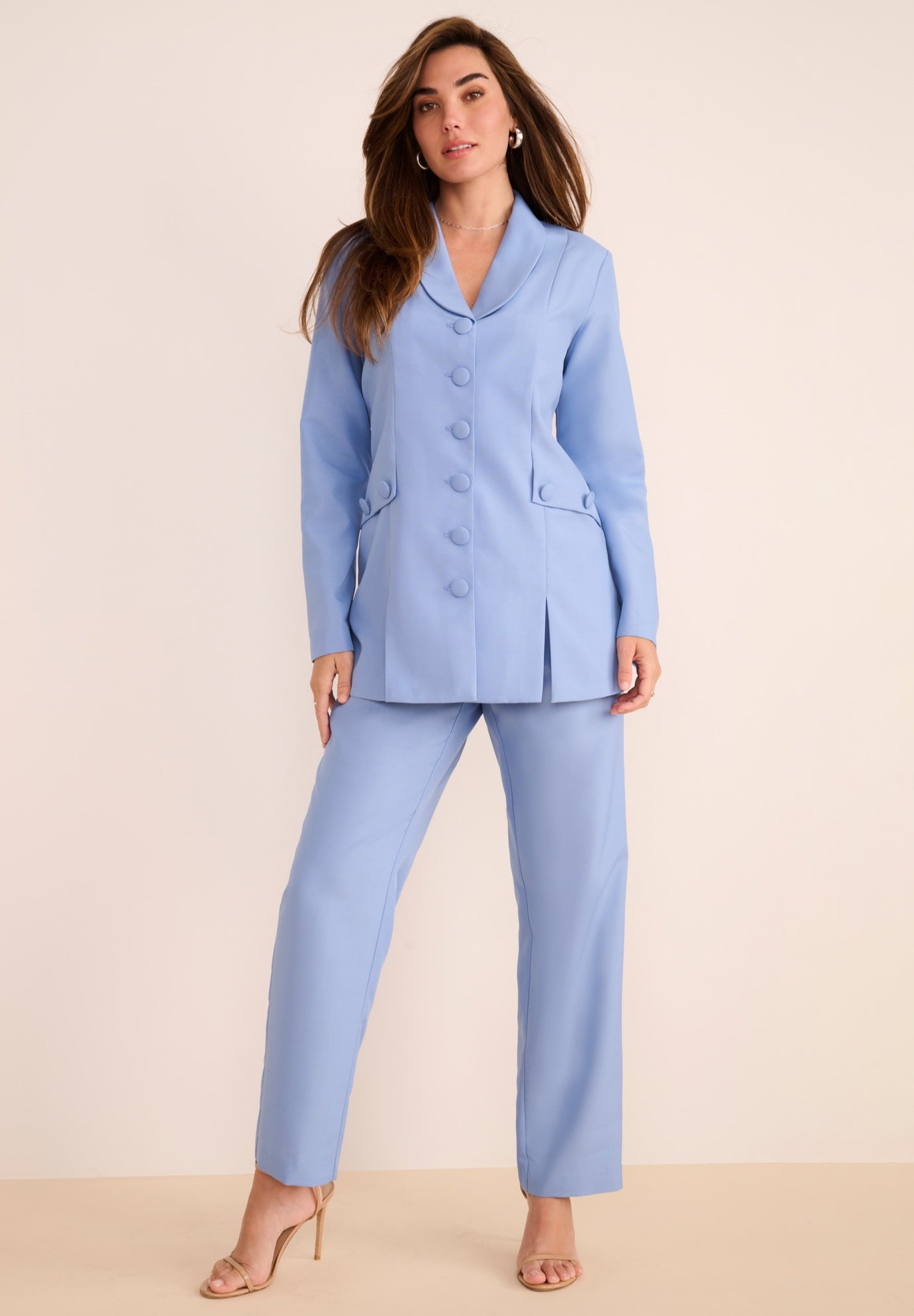 Plus Size Long Sleeve Ten-Button Shawl-Collar Pant Suit &ndash; 2-Piece Pant Set image number 0