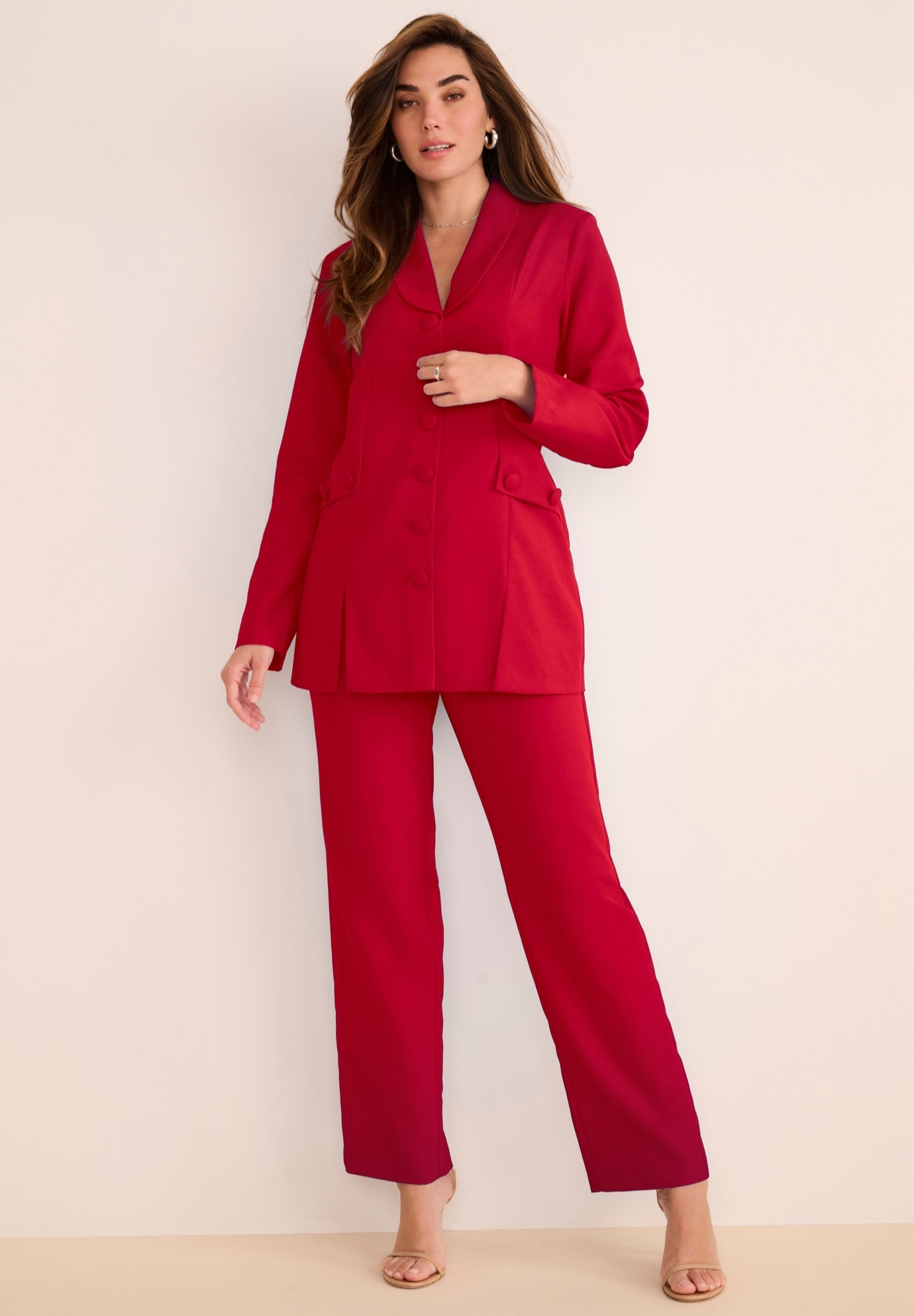 Plus Size Long Sleeve Ten-Button Shawl-Collar Pant Suit &ndash; 2-Piece Pant Set image number 0