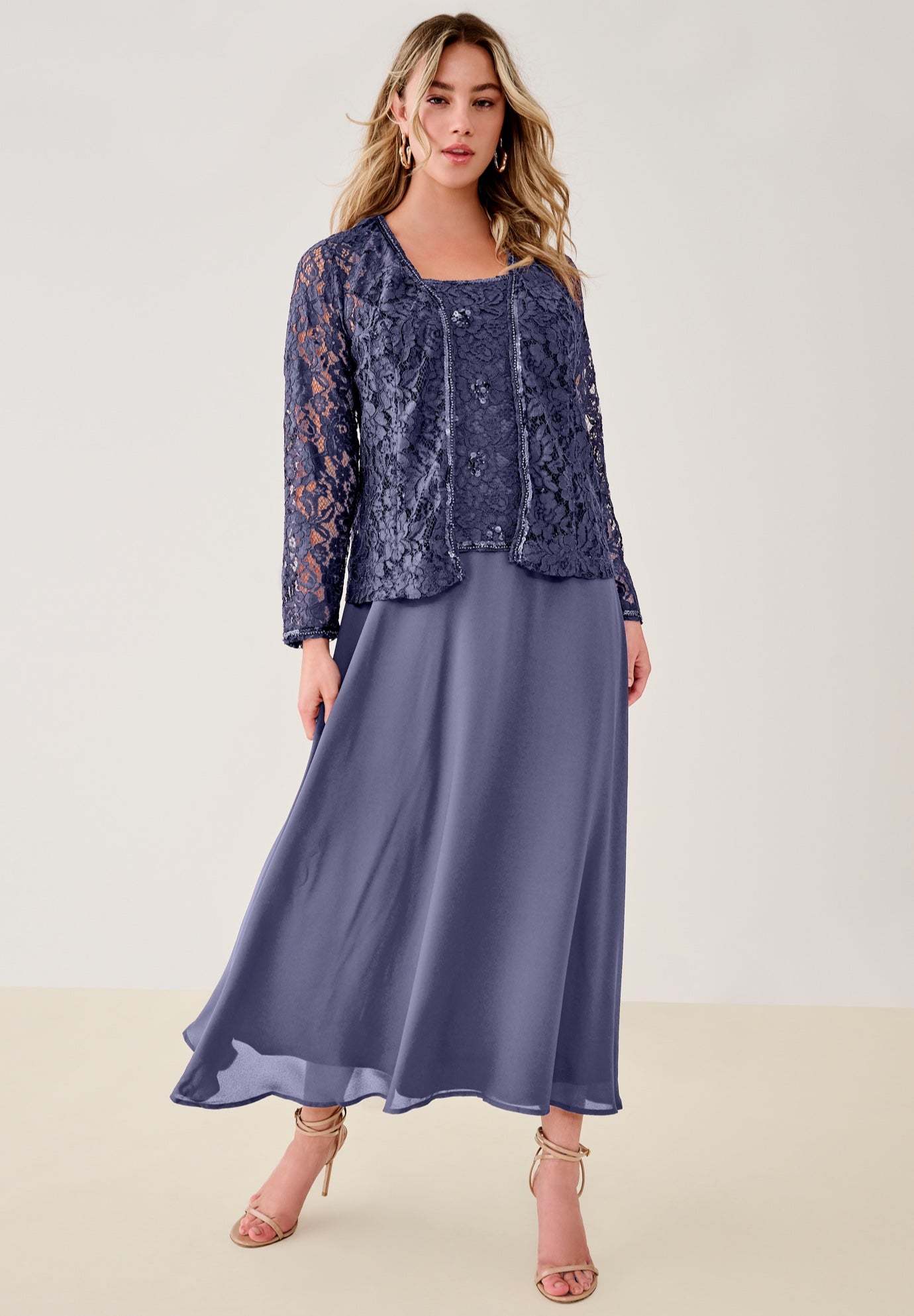 Plus-Size 2 Piece Long Sleeve Embellished Lace Jacket and Full Gown image number 0