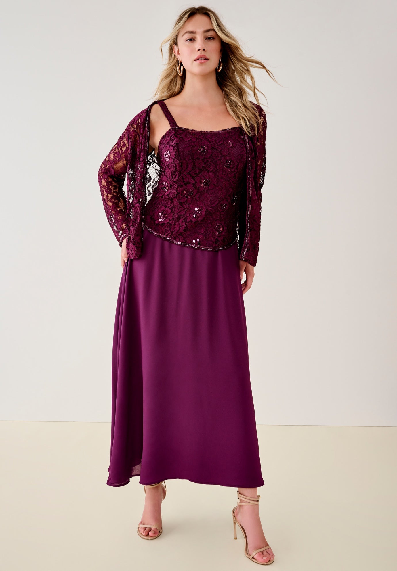 Plus-Size 2 Piece Long Sleeve Embellished Lace Jacket and Full Gown image number 2