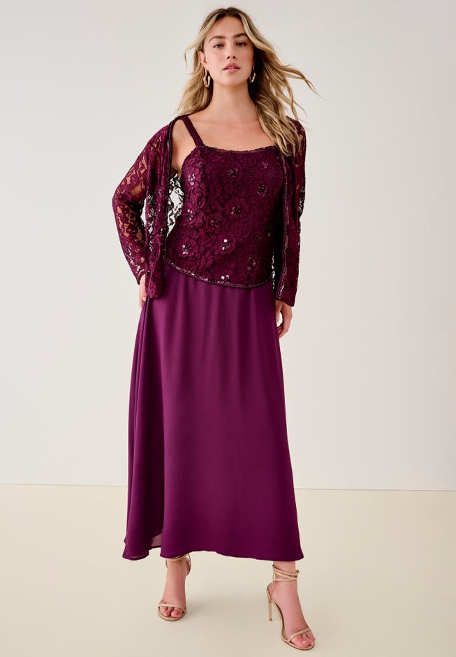 Plus-Size 2 Piece Long Sleeve Embellished Lace Jacket and Full Gown image number 2