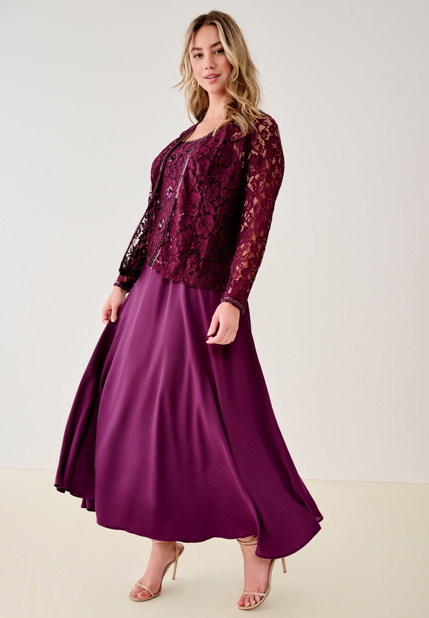 Plus-Size 2 Piece Long Sleeve Embellished Lace Jacket and Full Gown image number 3