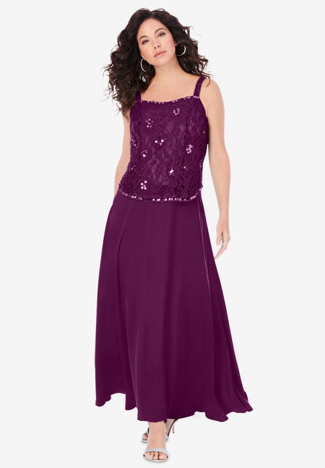 Plus-Size 2 Piece Long Sleeve Embellished Lace Jacket and Full Gown image number 3