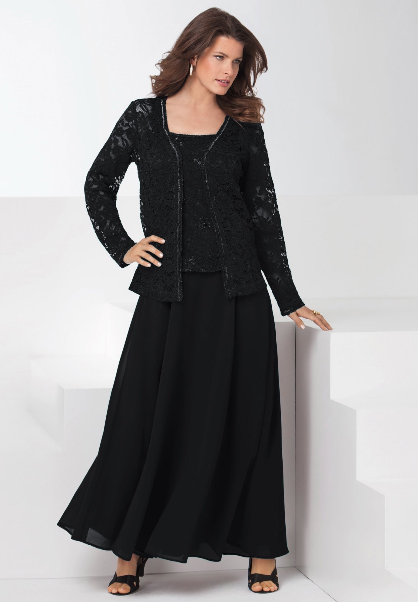 Plus-Size 2 Piece Long Sleeve Embellished Lace Jacket and Full Gown image number 0