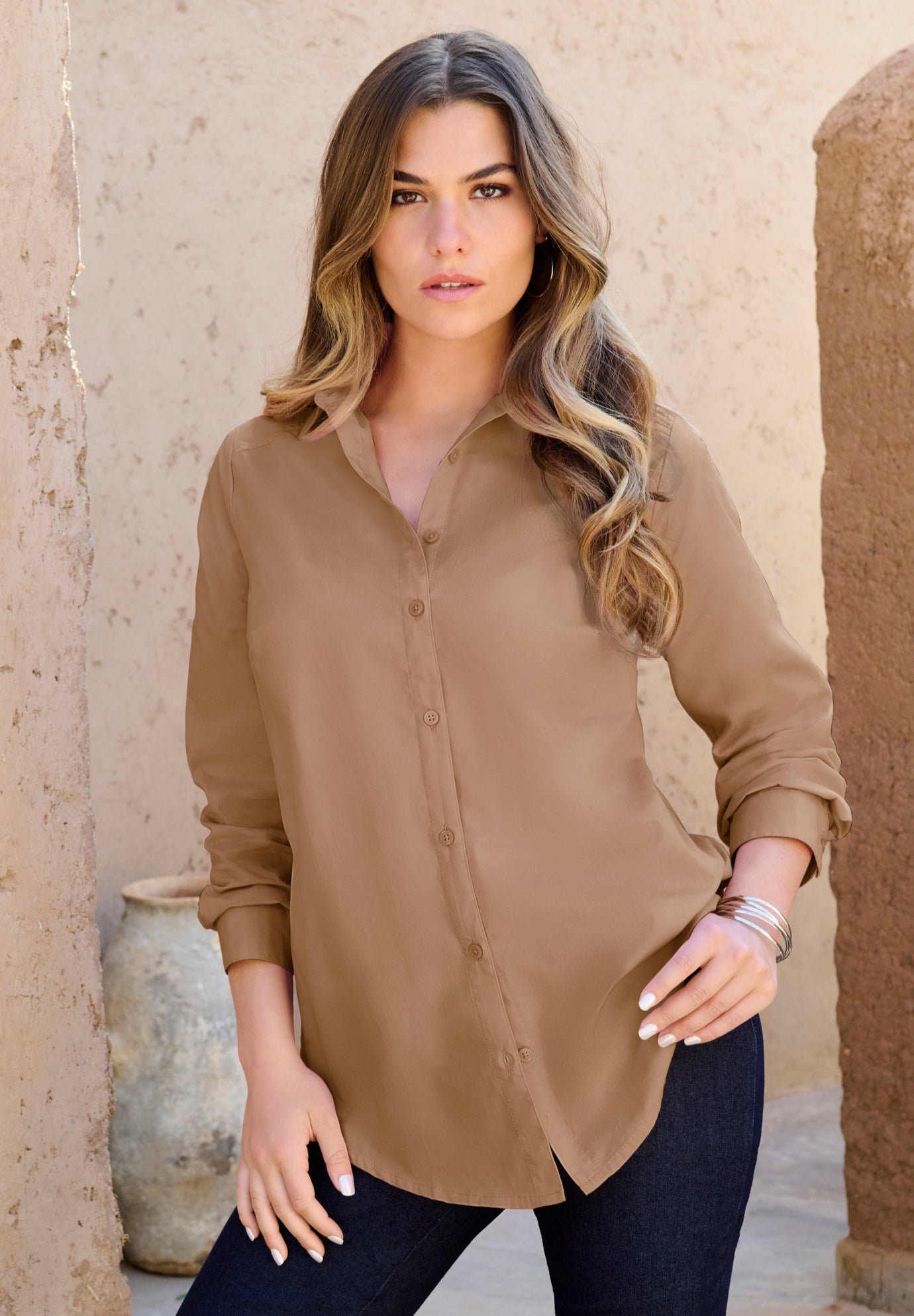 Kate Long-Sleeve Crisp Cotton-Blend Button-Front Shirt image number 1