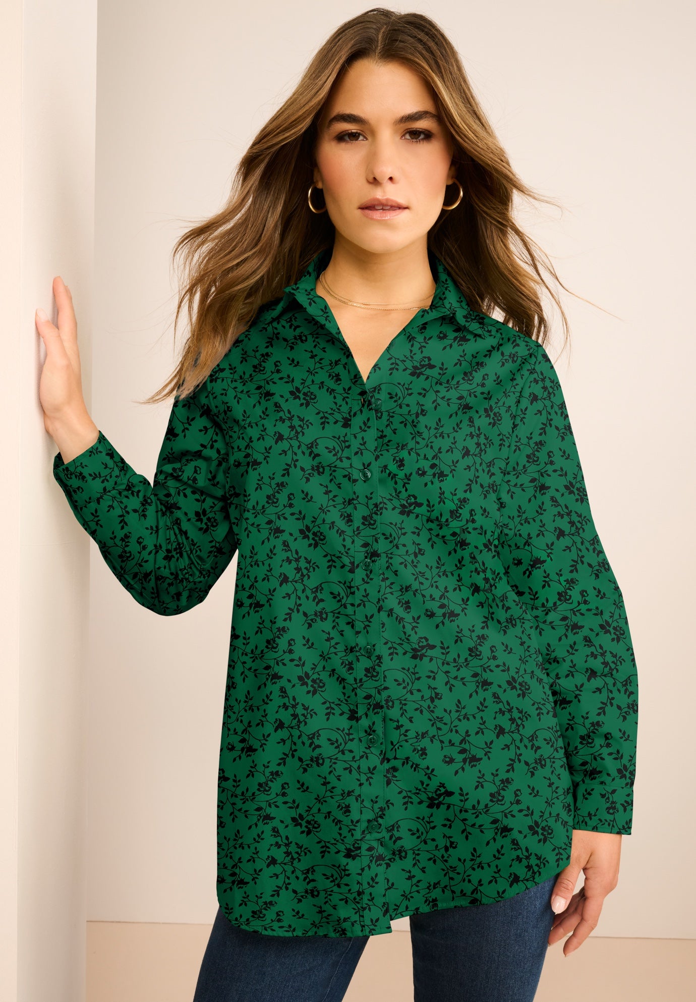 Plus Size Kate Long Sleeve Easy Cotton-Blend Button-Front Shirt image number 0
