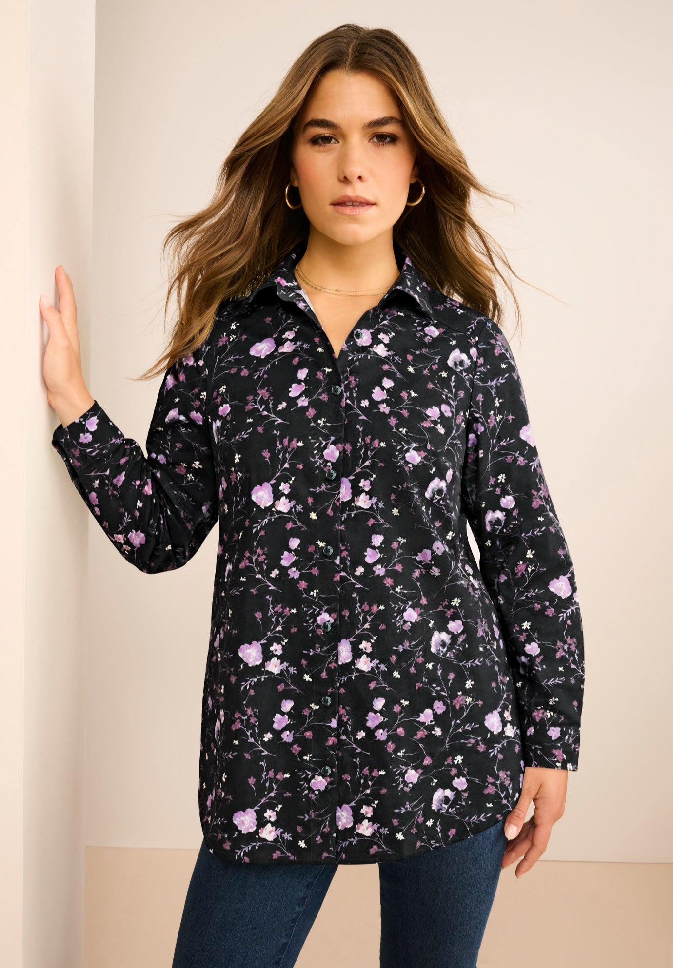 Plus Size Kate Long Sleeve Easy Cotton-Blend Button-Front Shirt image number 0