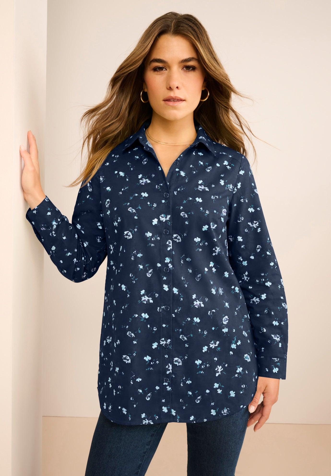 Plus Size Kate Long Sleeve Easy Cotton-Blend Button-Front Shirt image number 0
