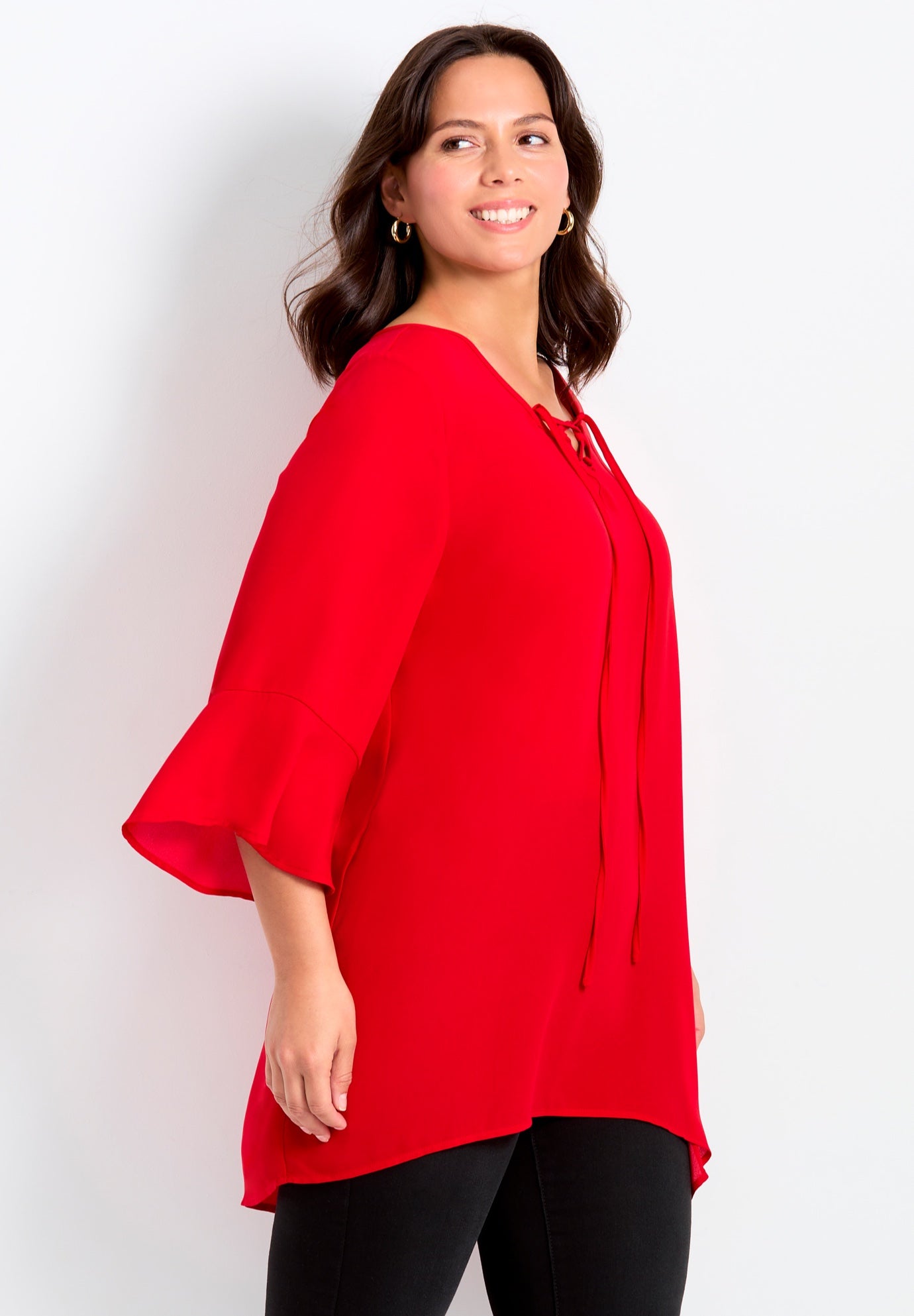 V-Neck Lace-Up Bell Sleeve Tunic image number 2