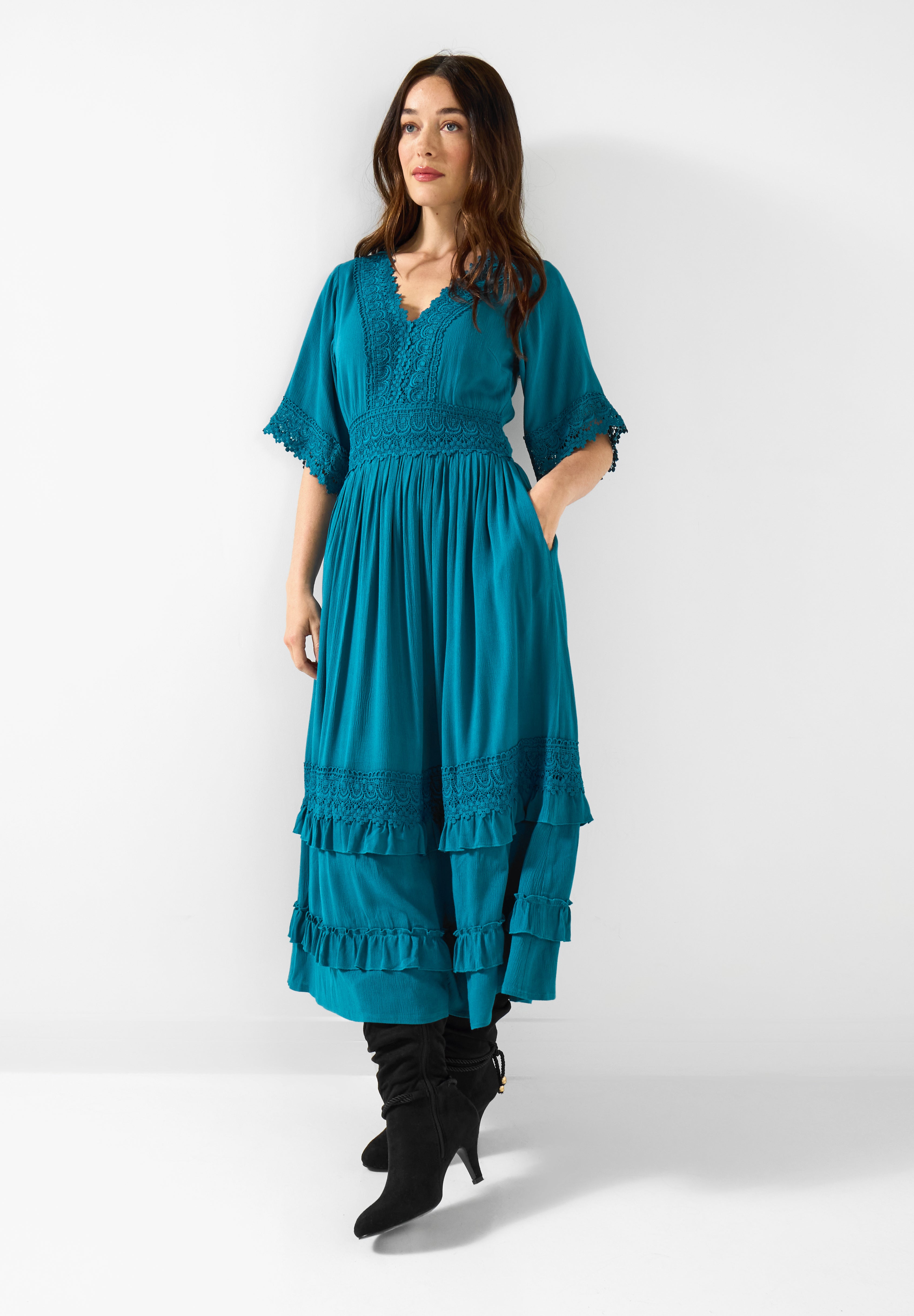 Crochet Trim Boho Midi Dress image number 2