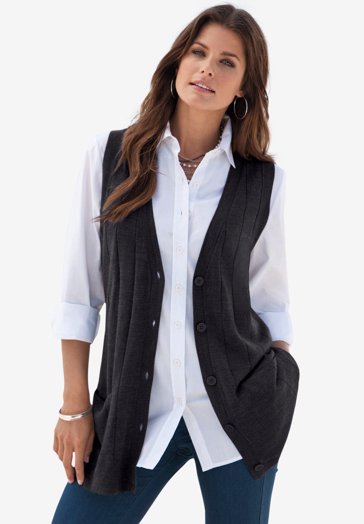 Plus Size Drop Needle Vest Lightweight Sweater Knit image number 0