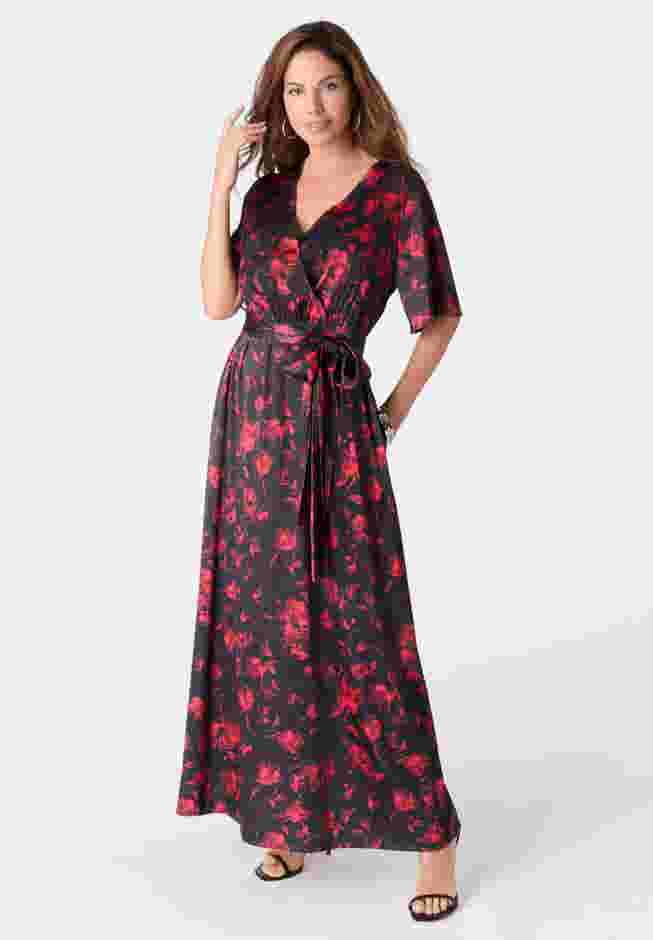 Stretch Satin Faux Wrap Dress image number 0