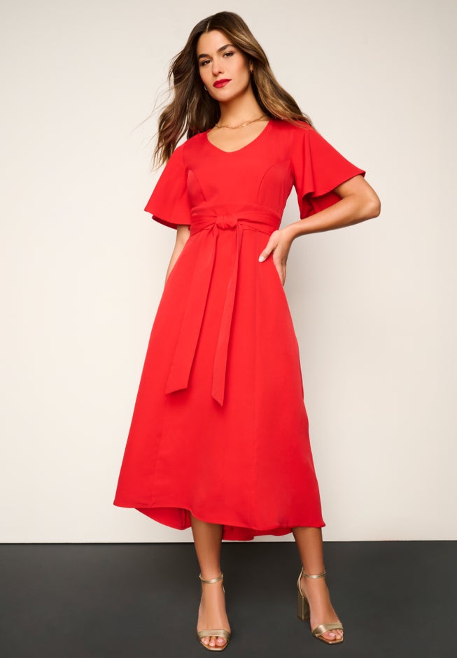 Plus Size Flutter Sleeve V-Neck Fit and Flare Bi-stretch Maxi Dress image number 0