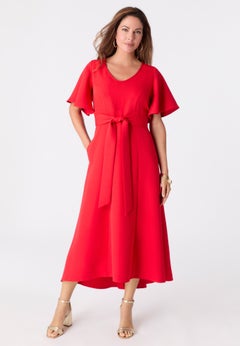 Plus Size Flutter Sleeve V-Neck Fit and Flare Bi-stretch Maxi Dress