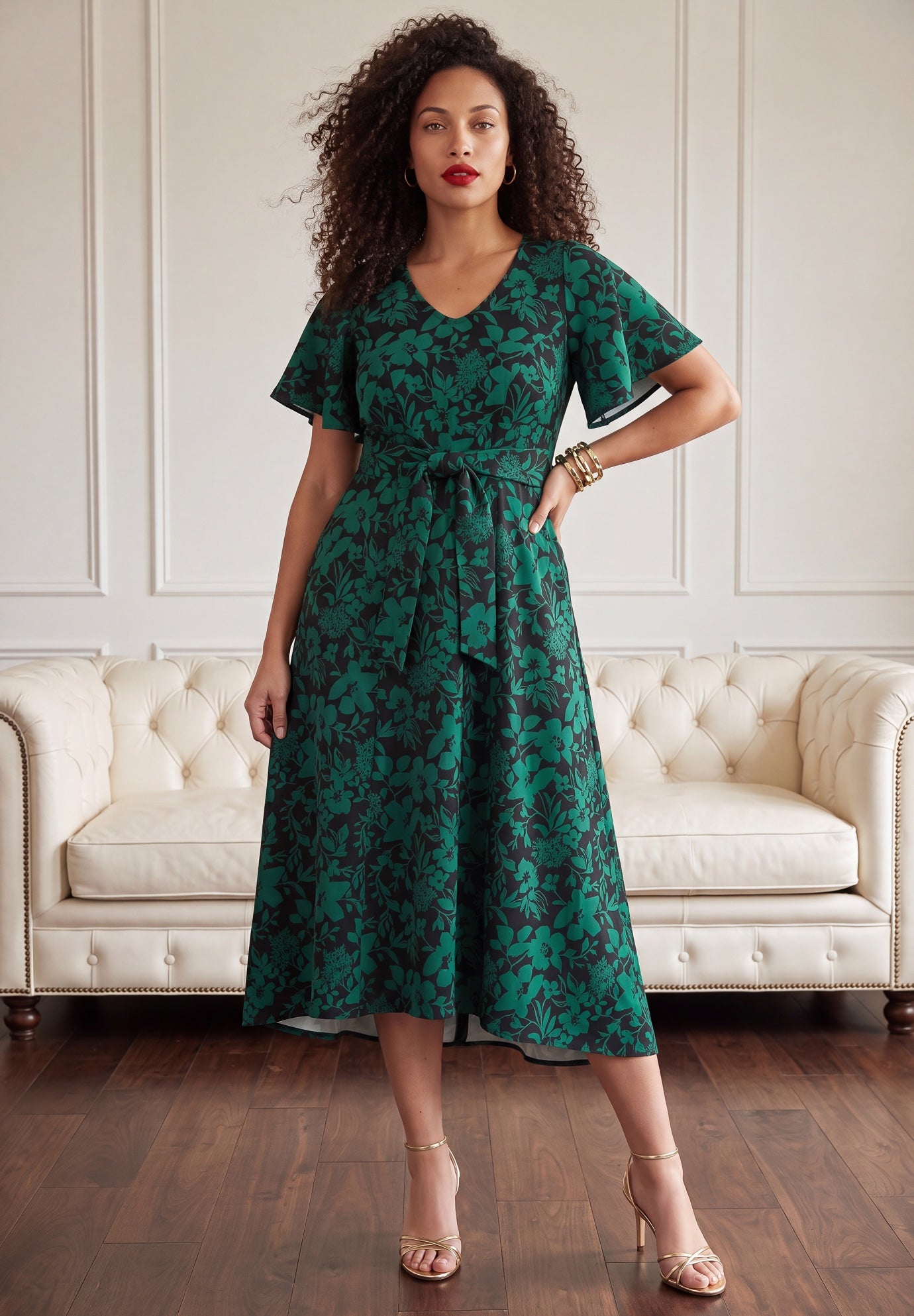 Plus Size Flutter Sleeve V-Neck Fit and Flare Bi-stretch Maxi Dress image number 0
