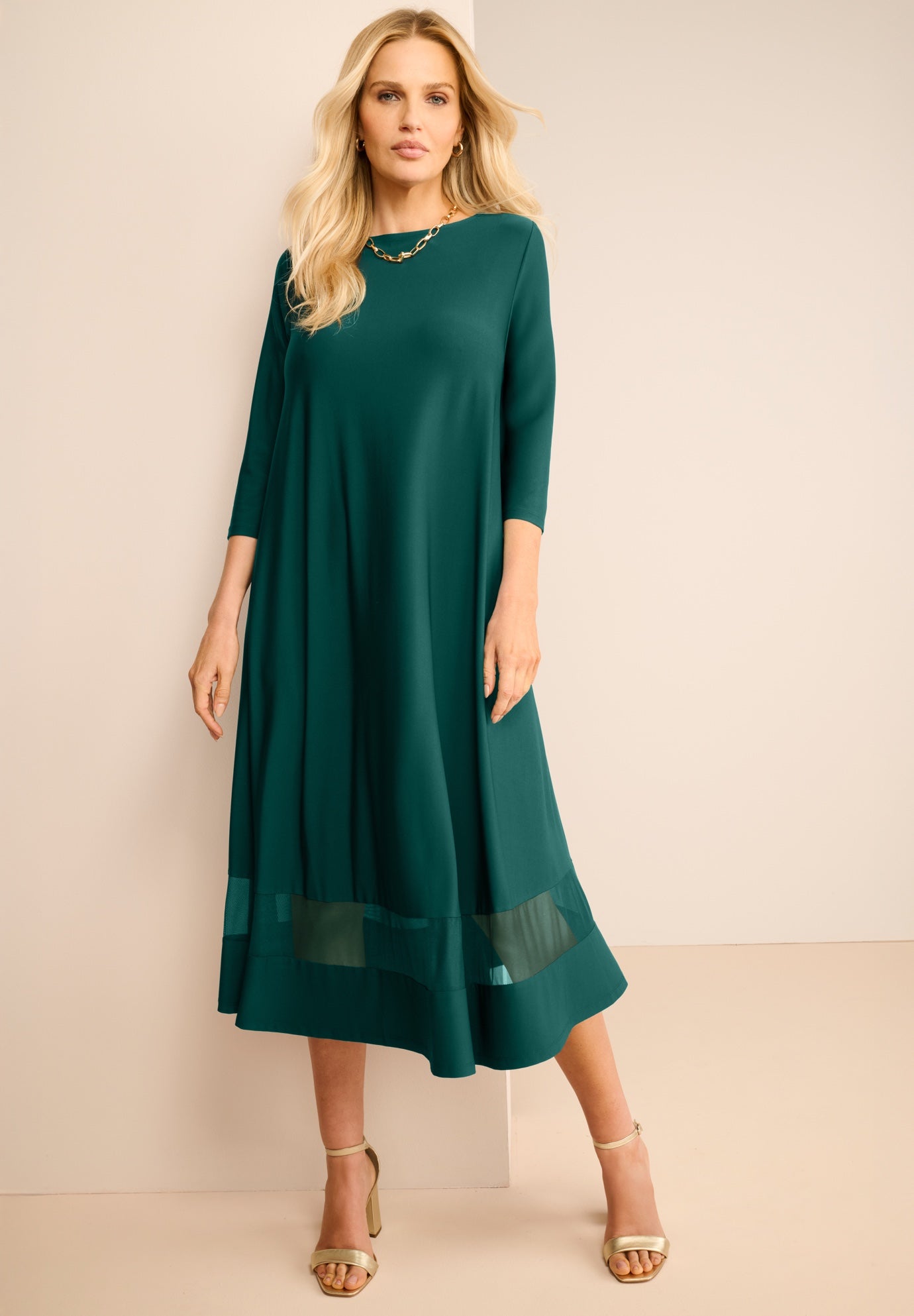 Plus Size 3/4 Sleeve Mesh Inset Boatneck Dress image number 0