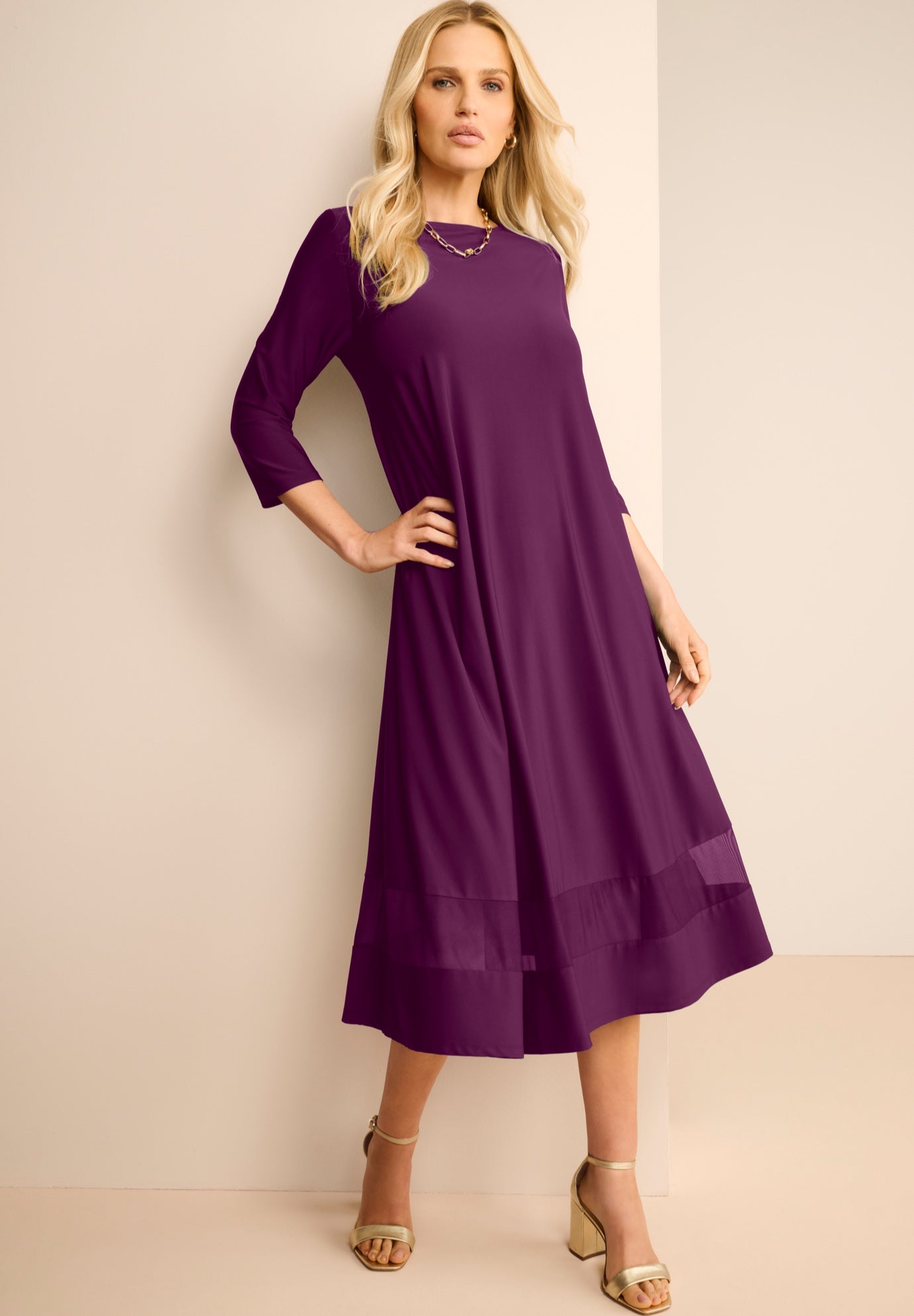 Plus Size 3/4 Sleeve Mesh Inset Boatneck Dress image number 0