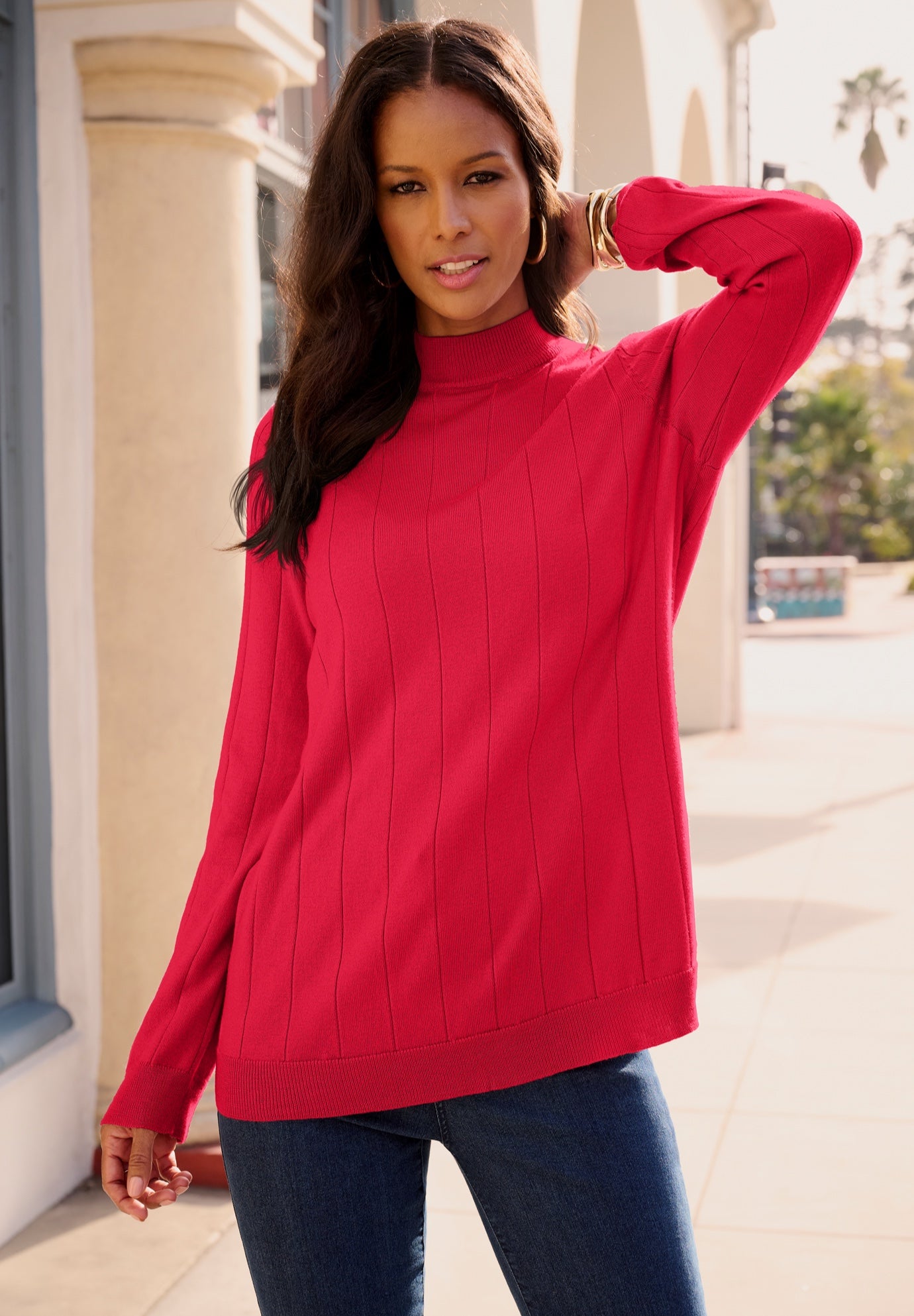 Plus Size Drop Needle Mockneck Lightweight Sweater Knit image number 0