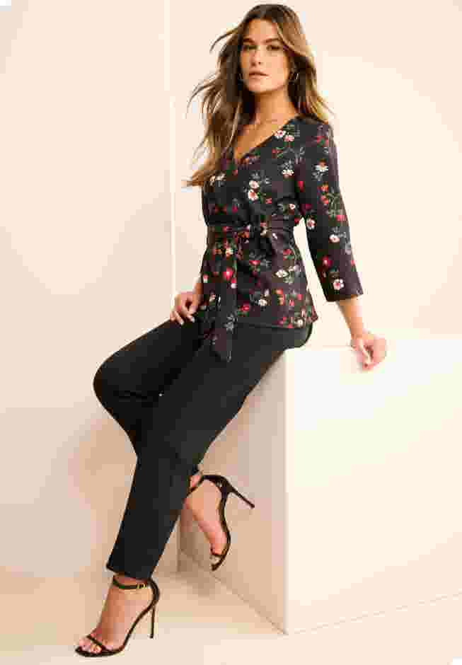 Faux Wrap Tie Bi-Stretch Blouse image number 0