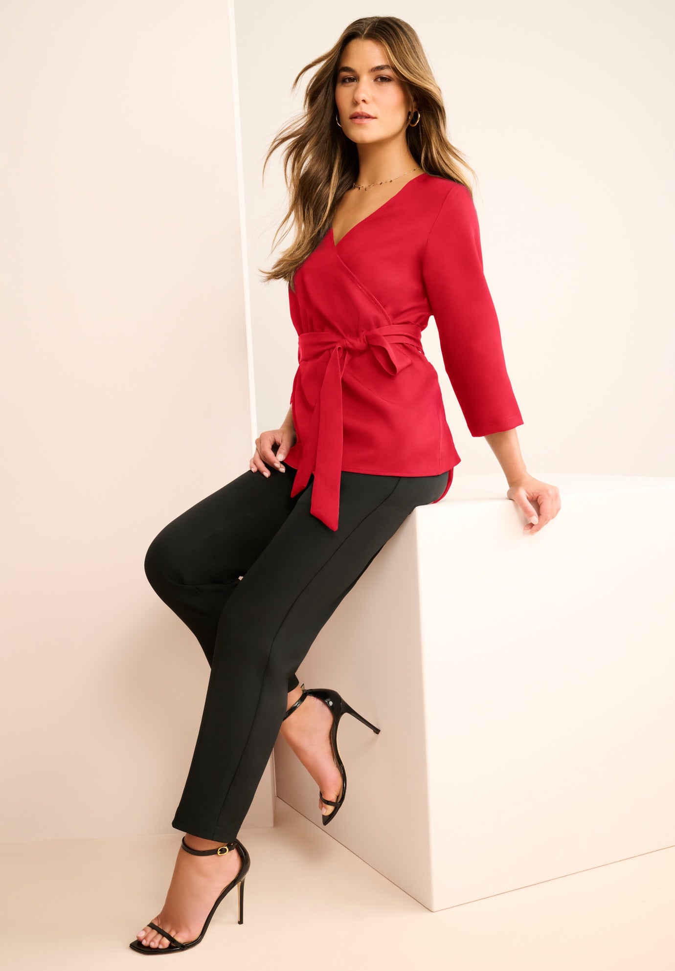 Faux Wrap Tie Bi-Stretch Blouse image number 1
