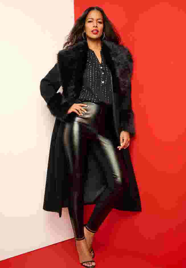 Plus Size Wool Blend Coat with Faux Fur Trim image number 1