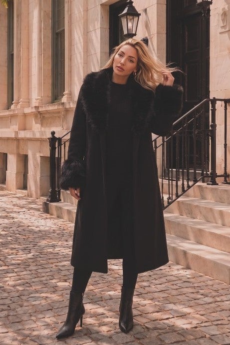 Plus Size Wool Blend Coat with Faux Fur Trim image number 0