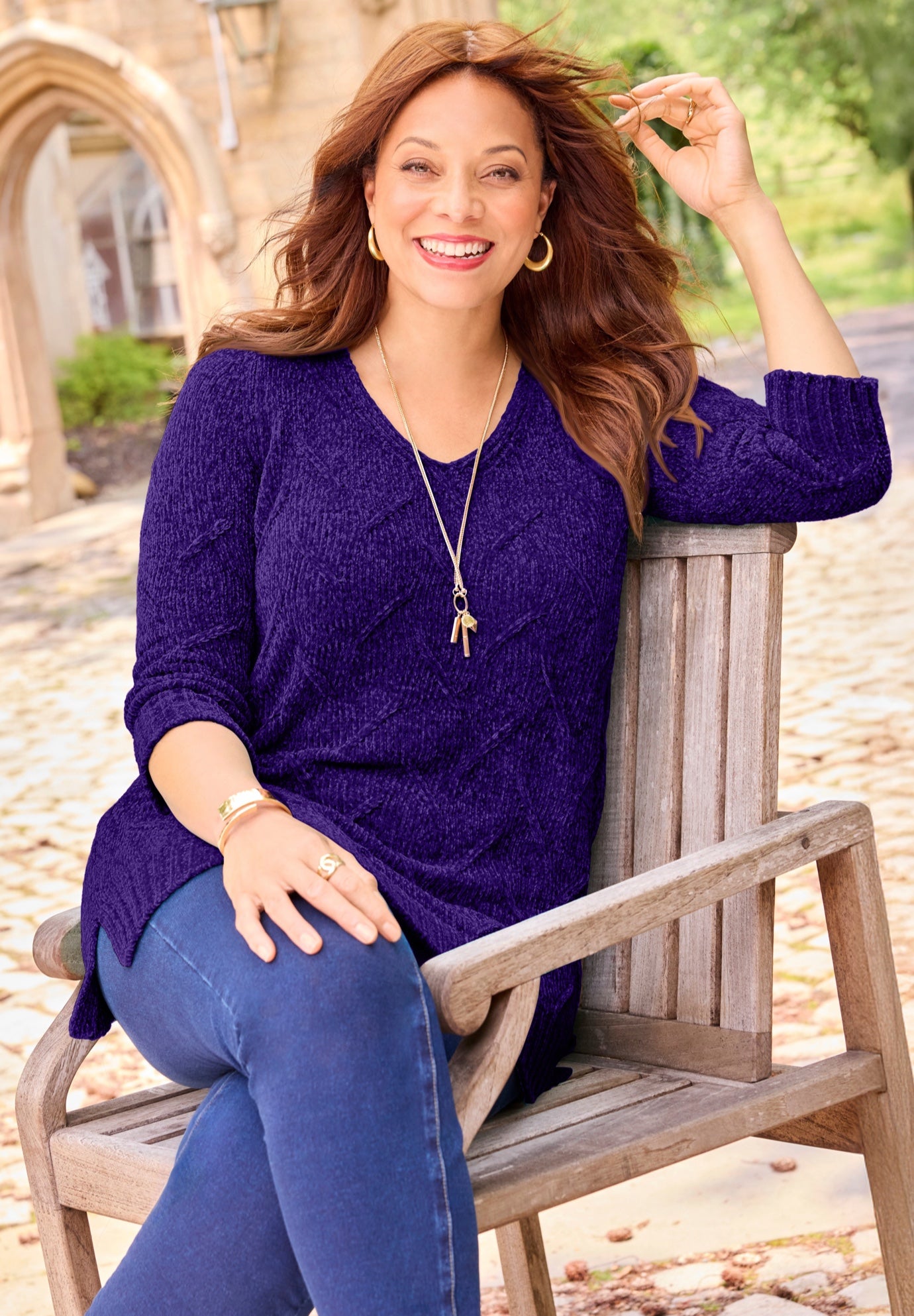 Chenille Pointelle V-Neck Pullover image number 0