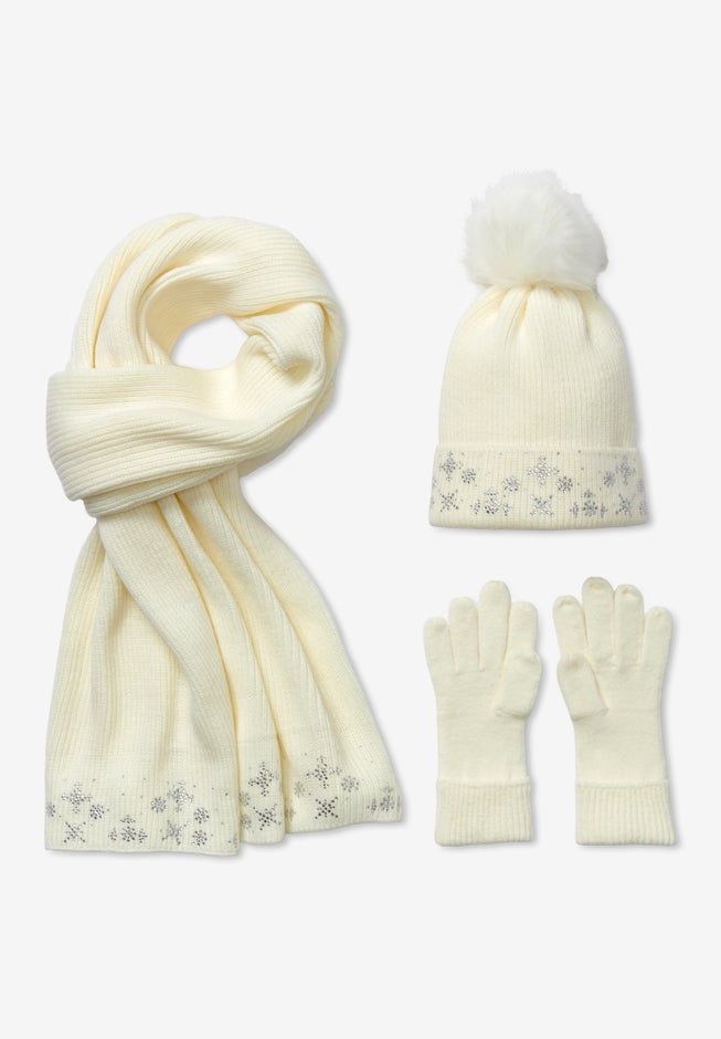 3 Piece Embellished Hat, Scarf And Gloves Set image number 1