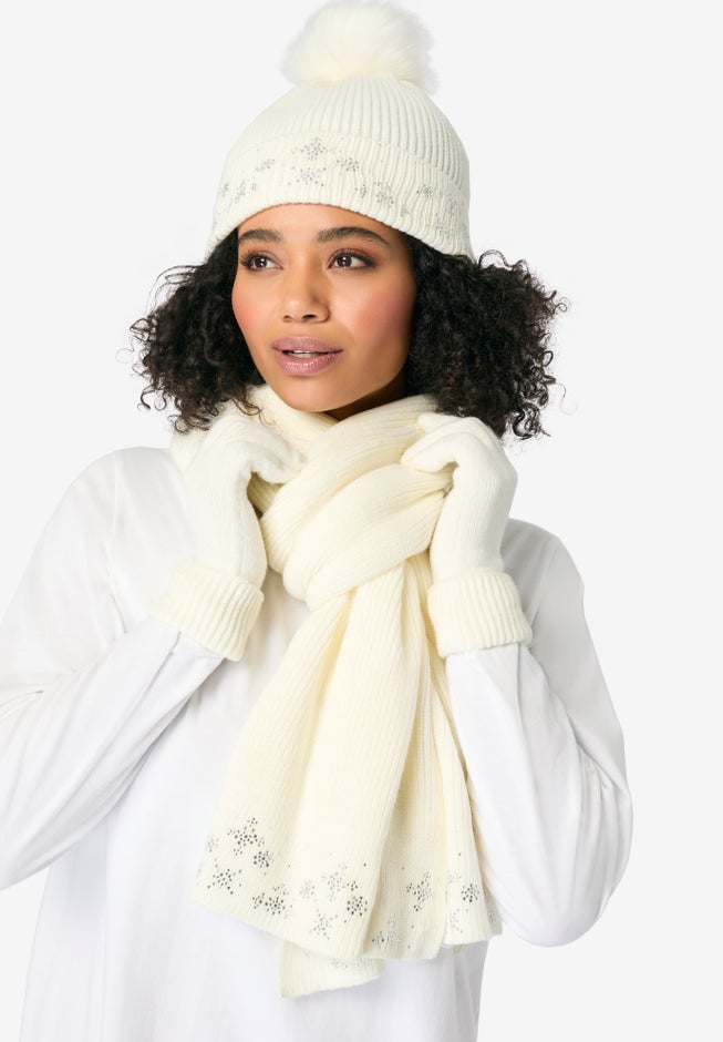 3 Piece Embellished Hat, Scarf And Gloves Set image number 0