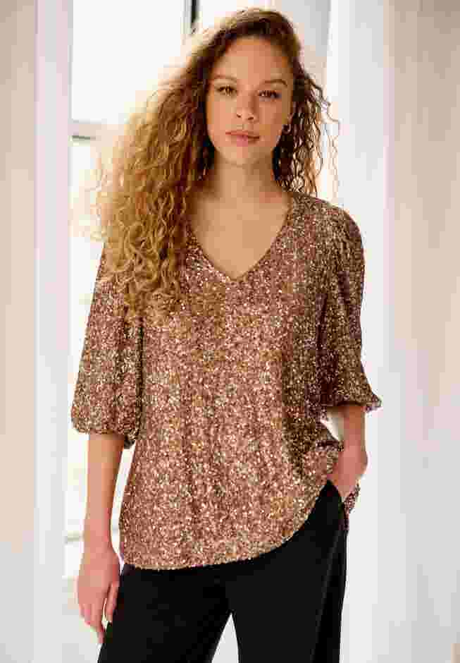 V-Neck Sequin Top With Blouson Sleeves image number 0