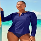  Chlorine Resistant Quick-Dry 1/4 Zip Front Long Sleeve Swim Rash Guard image number null