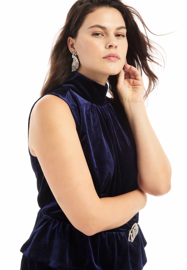 Velvet Mock Neck Peplum Top image number 2