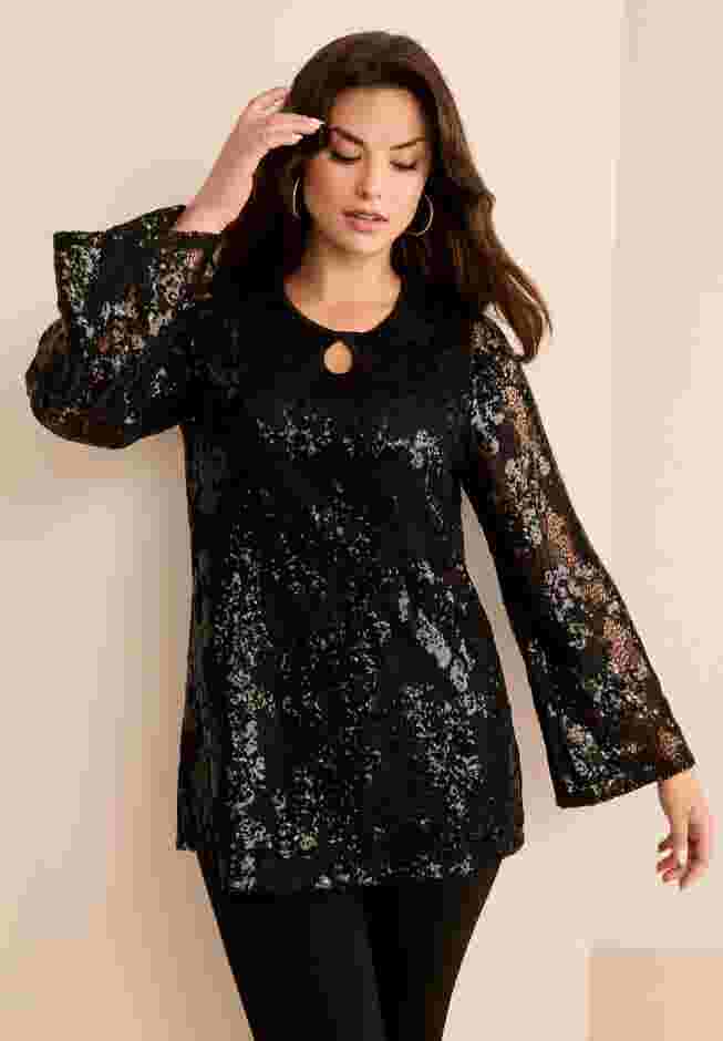Flared Sleeve Keyhole Lace Tunic image number 2