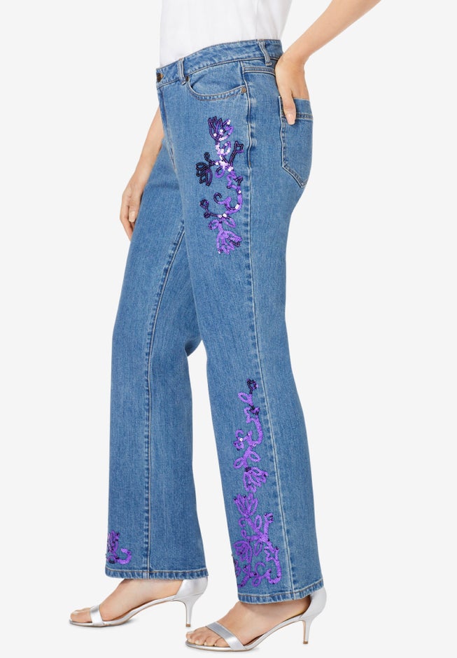 Plus Size Invisible Stretch® Iconic Sequin-Embellished Bootcut Jean image number 3