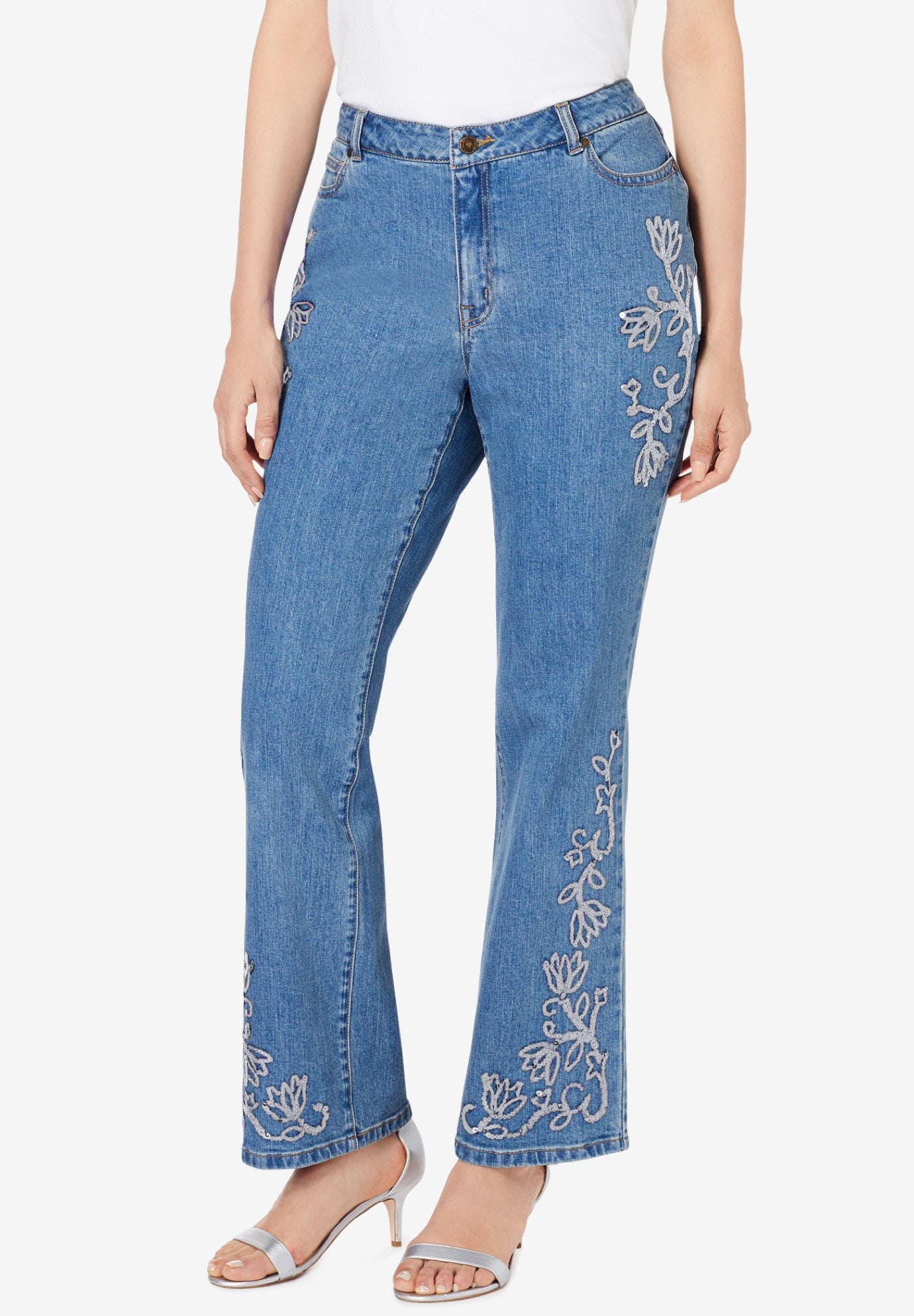 Plus Size Invisible Stretch® Iconic Sequin-Embellished Bootcut Jean image number 0